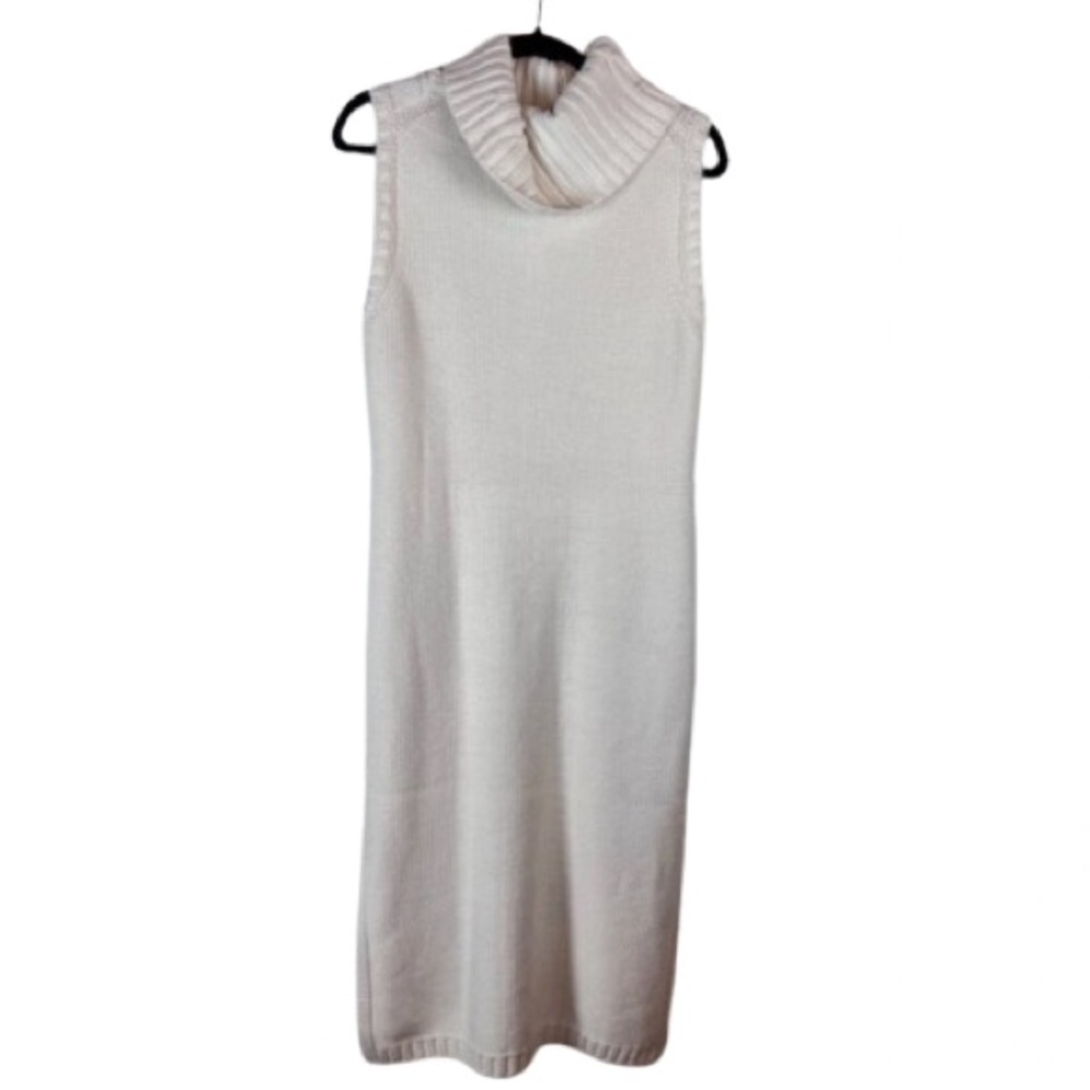525 America Sleeveless Sweater Dress Chunky Knit Turtleneck Midi Cream Large